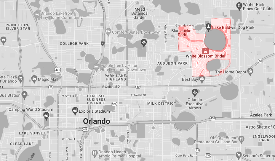 google map of orlando with baldwin park highlighted